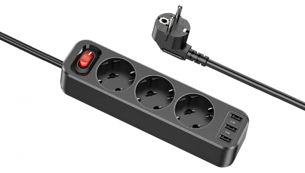 Сетевой фильтр Hoco NS2 3-position Extension Cord Socket Black 4000 W - Retromagaz, image 1