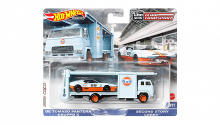 Машинка Premium Hot Wheels 2шт De Tomaso Pantera Gulf та Транспортер Second Story Lorry Team Transport 1:64 FLF56/HKF43 Blue - Retromagaz, image 1