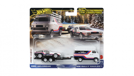 Машинка Premium 2шт Hot Wheels DMC DeLorean и Транспортер HW Rally Hauler Team Transport 1:64 JBM35 White - Retromagaz, image 1