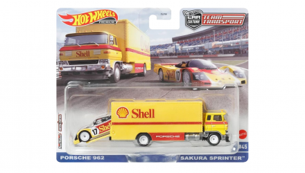 Машинка Premium Hot Wheels 2шт Porsche 962 та Транспортер Sakura Sprinter Shell Team Transport 1:64 FLF56/HCR34 Yellow - Retromagaz, image 1