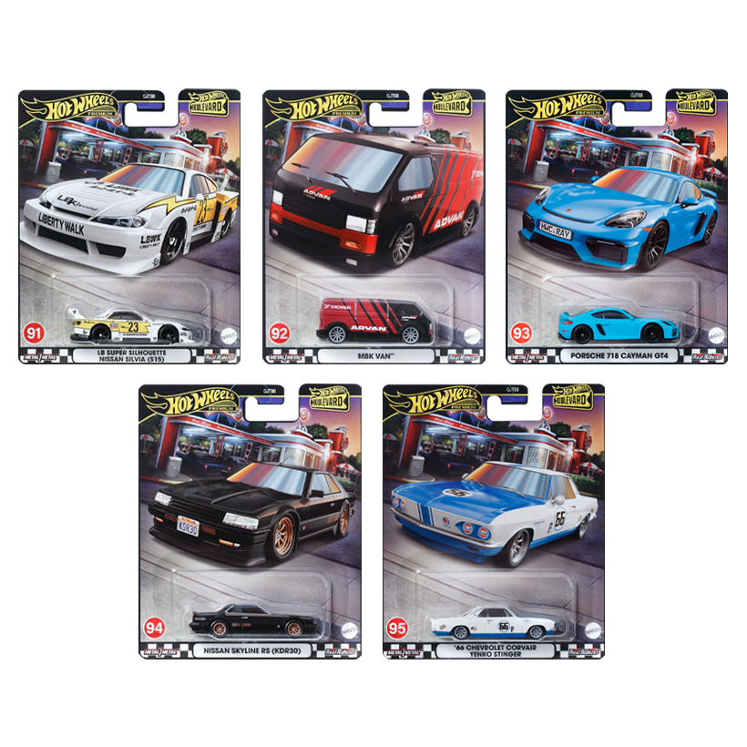 Набор Машинка Premium Hot Wheels LB Super Silhouette Nissan Silvia (S15) Boulevard 1:64 HRT64 White  + MBK Van Advan Black + Porsche 718 Cayman GT4 Blue + Nissan Skyline RS (KDR30) Black + '66 Chevrolet Corvair Yenko Stinger - Retromagaz