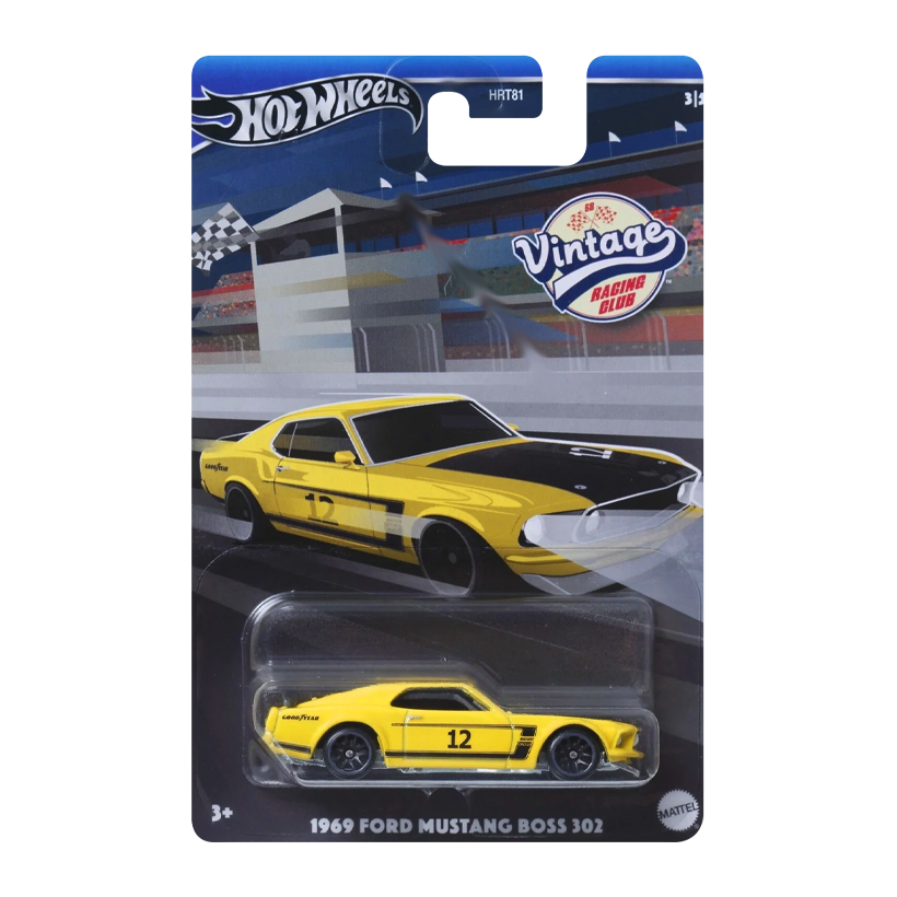 Тематична Машинка Hot Wheels 1969 Ford Mustang Boss 302 Vintage Racing Club 1:64 HRT81/HRV08 Yellow - Retromagaz