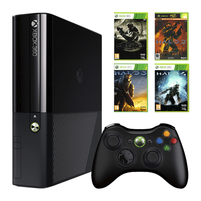 Набір Консоль Microsoft Xbox 360 E 250GB Black Б/У  + Гра Xbox Original Halo 2 Англійська Версія + Гра Halo: Combat Evolved Anniversary Англійська Версія + Гра Halo 4 Російські Субтитри + Гра Halo 3 Англійська Версія - Retromagaz