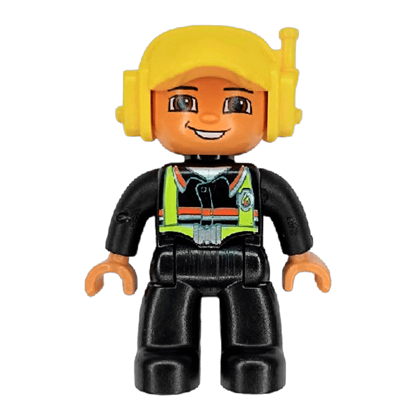 Фігурка Lego Boy Fireman Black Legs Nougat Hands Yellow Cap with Headset Duplo 47394pb100 1 Б/У - Retromagaz
