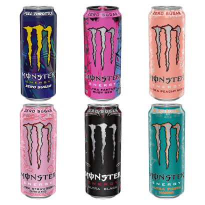 Набор Без Сахара (Напиток Энергетический Monster Energy Ultra Black + Strawberry Dreams + Peachy Keen + Fiesta Mango + Full Throttle + Ruby Red) - Retromagaz