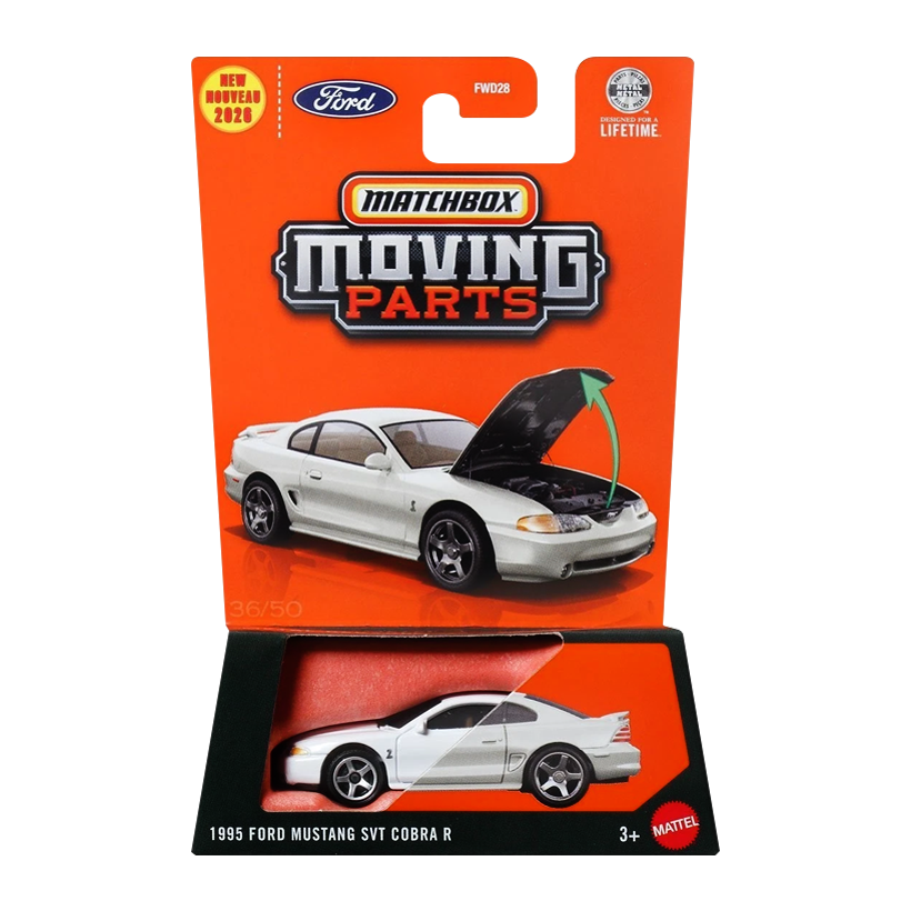 Тематична Машинка Matchbox 1995 Ford Mustang SVT Cobra R Moving Parts 1:64 JHV30 White - Retromagaz
