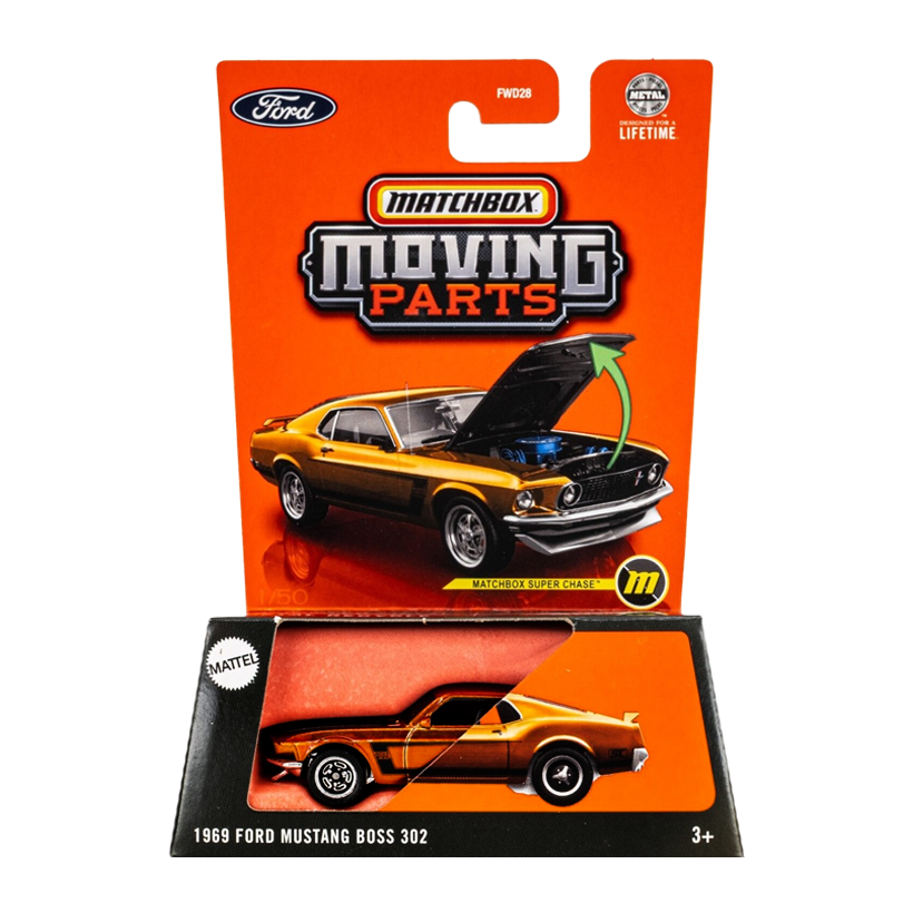 Тематична Машинка Matchbox 1969 Ford Mustang Boss 302 Chase Moving Parts 1:64 JBX02 Orange - Retromagaz