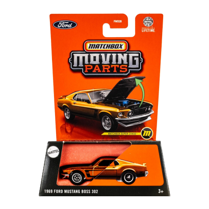 Тематическая Машинка Matchbox 1969 Ford Mustang Boss 302 Chase Moving Parts 1:64 JBX02 Orange - Retromagaz
