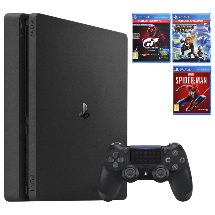 Набір Консоль Sony PlayStation 4 Slim 1TB Black Без Геймпада Б/У  + Гра Marvel's Spider-Man Російська Озвучка + Гра Ratchet & Clank Російська Озвучка + Гра Gran Turismo Sport Російська Озвучка - Retromagaz