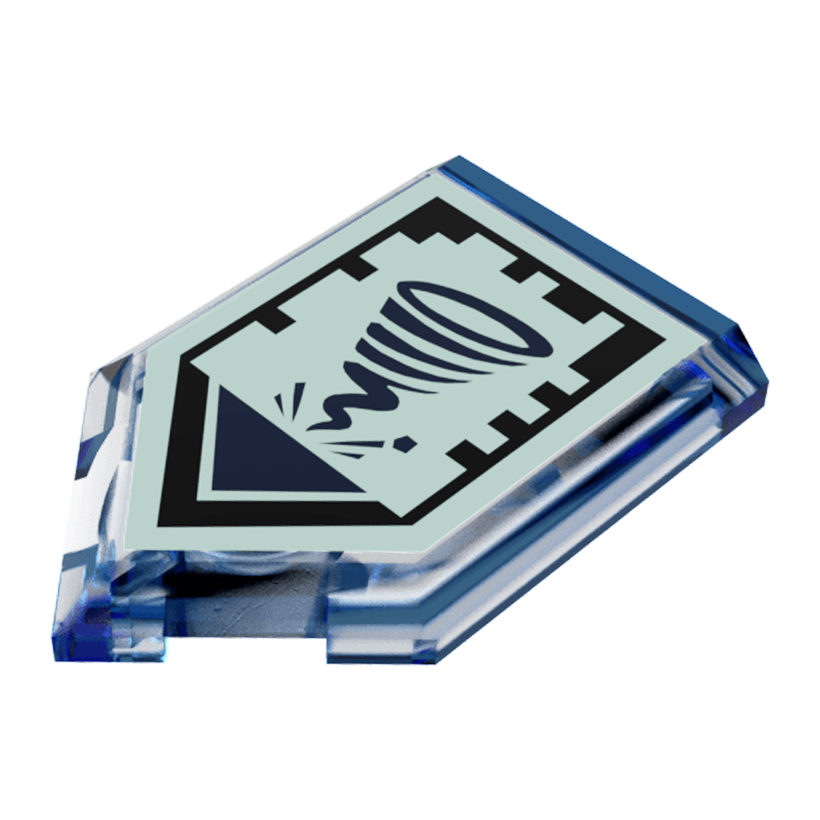 Плитка 4шт Lego Модифікована Декоративна Pentagonal with Nexo Power Shield Pattern Sword Tornado 2 x 3 22385pb020 6133622 Trans-Dark Blue Б/У - Retromagaz