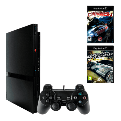 Набор Консоль Sony PlayStation 2 Slim SCPH-7xxx Chip Black Б/У  + Игра RMC Need for Speed: Most Wanted Русские Субтитры Новый + Need for Speed Carbon - Retromagaz