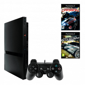 Набор Консоль Sony PlayStation 2 Slim SCPH-7xxx Chip Black Б/У  + Игра RMC Need for Speed: Most Wanted Русские Субтитры Новый + Need for Speed Carbon