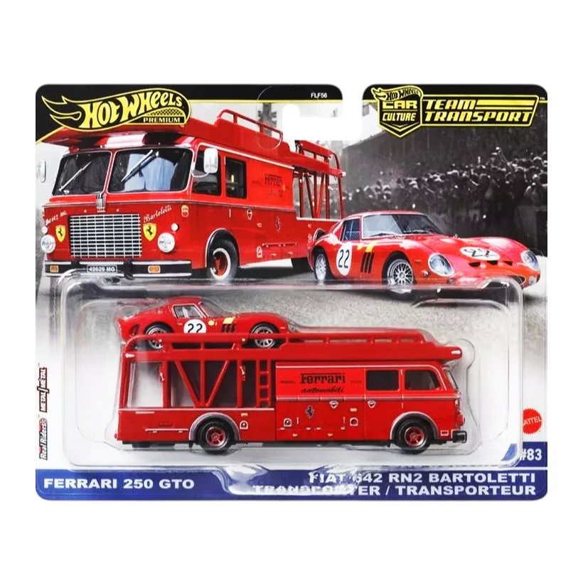 Машинка Premium 2шт Hot Wheels Ferrari 250 GTO та Fiat 642 RN2 Bartoletti Transporter Team Transport 1:64 JBM37 Red - Retromagaz