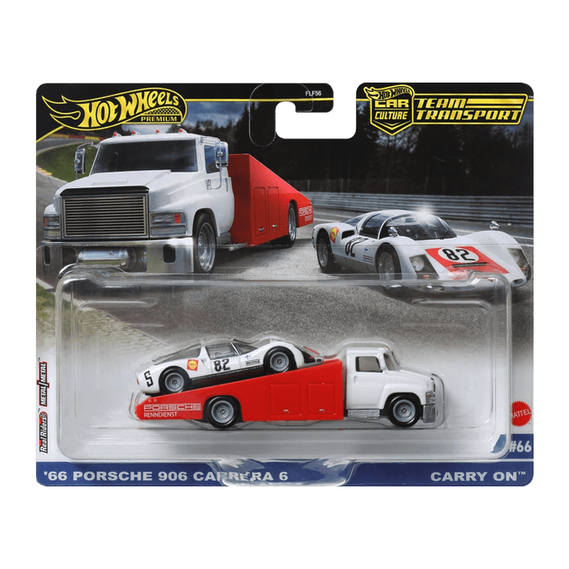 Машинка Premium 2шт Hot Wheels Porsche '66 Porsche 906 Carrera 6 та Транспортер Carry On Team Transport 1:64 FLF56/HRV47 White - Retromagaz