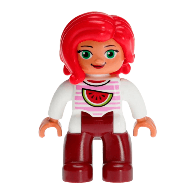 Фигурка Lego Girl Dark Red Legs White Top with Bright Pink Stripes and Watermelon Pattern Green Eyes Red Hair Duplo 47394pb226 1 Б/У - Retromagaz