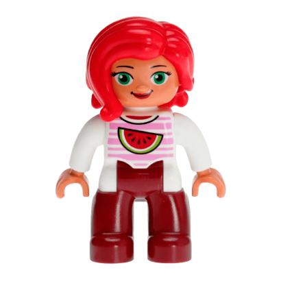 Фігурка Lego Dark Red Legs White Top with Bright Pink Stripes and Watermelon Pattern Green Eyes Red Hair Duplo Girl 47394pb226 1 Б/У - Retromagaz