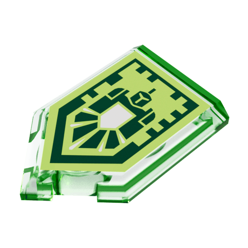 Плитка 2шт Lego Модифицированная Декоративная Pentagonal Nexo Power Shield Gamma Rays 2 x 3 22385pb152 6190300 6245483 Trans-Bright Green Б/У - Retromagaz