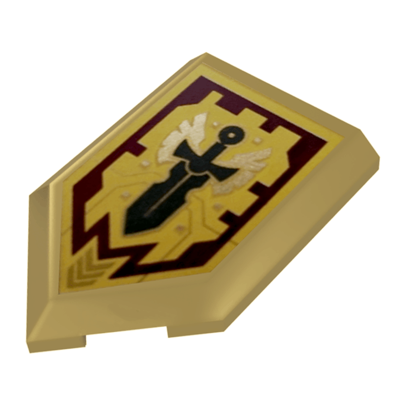 Плитка Lego Модифицированная Декоративная Pentagonal with Nexo Power Shield Pattern Merlok Power Sword 2 x 3 22385pb157 6210510 6247824 Metallic Gold Б/У - Retromagaz