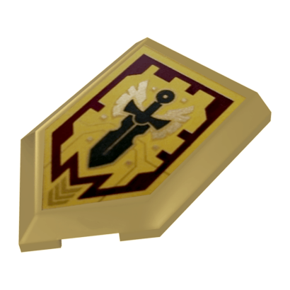 Плитка Lego Pentagonal with Nexo Power Shield Pattern Merlok Power Sword Модифицированная Декоративная 2 x 3 22385pb157 6210510 6247824 Metallic Gold Б/У - Retromagaz