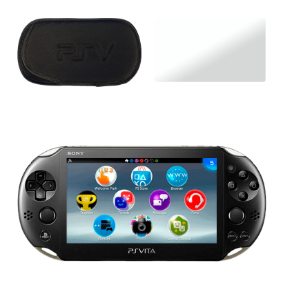 Набір Консоль Sony PlayStation Vita Slim Модифікована 64GB Black + 5 Вбудованих Ігор Б/У  + Чохол М'який RMC Новий + Скло  Trans Clear Новий - Retromagaz