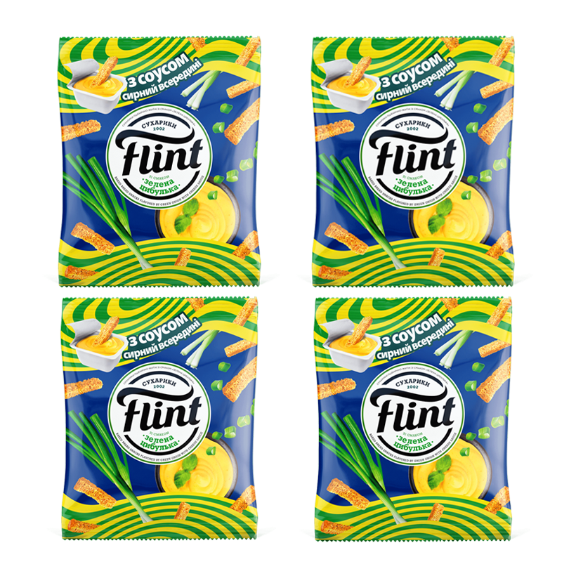 Набор Сухарики 4шт Flint со Вкусом Зеленого Лука и Соусом Сырным 15g + 70g - Retromagaz