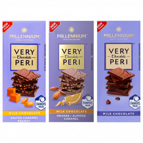 Набір Міленіал (Шоколад Millennium Very Peri Молочний + Very Peri Молочний з Арахісом та Солоною Карамеллю + Молочний з Мигдалем, Карамеллю та Апельсиновою Цедрою)
