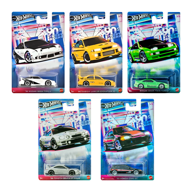 Набір Тематична Машинка Hot Wheels '96 Nissan 180SX Type X '90s Street Scene 1:64 JCB57 GDG44 White  + Тематична Машинка Mitsubishi Lancer Evolution VI Yellow + Тематична Машинка Nissan 300ZX Twin Turbo Green + Тематична Машинка '95 Toyota Celica GT-Four  - Retromagaz