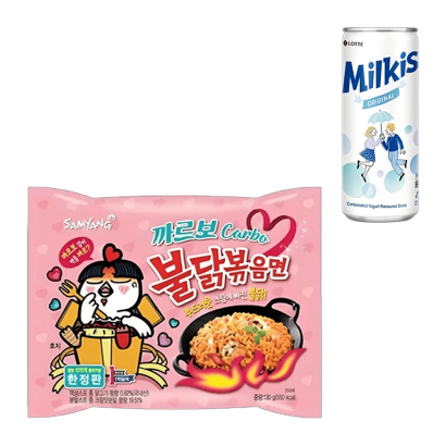 Набір Локшина  Samyang Buldak зі Смаком Курки в Соусі Карбонара Гостра 130g  + Напій Milkis Газований Молочний Original - Retromagaz