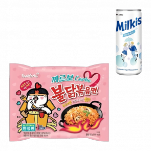Набір Локшина  Samyang Buldak зі Смаком Курки в Соусі Карбонара Гостра 130g  + Напій Milkis Газований Молочний Original - Retromagaz