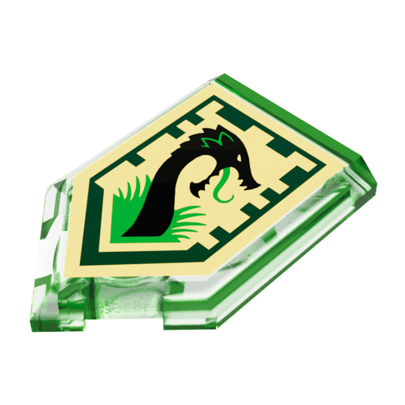 Плитка 4шт Lego Модифікована Декоративна Pentagonal Nexo Power Shield Jungle Dragon 2 x 3 22385pb012 6133304 6245472 Trans-Bright Green Б/У - Retromagaz