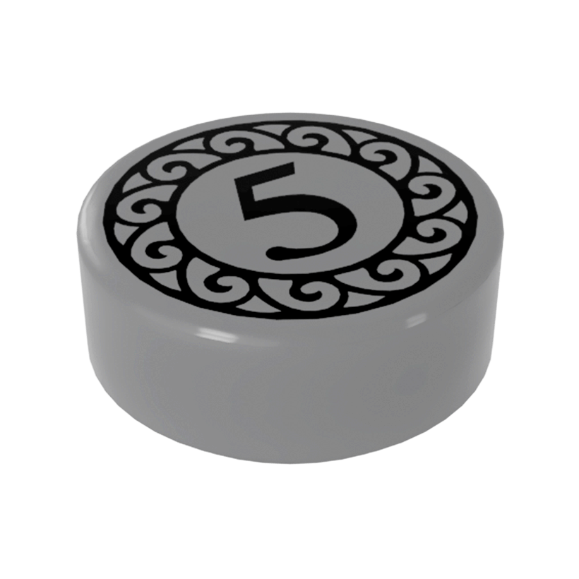 Плитка 10шт Lego Кругла Декоративна Black Number 5 Coin Pattern 1 x 1 98138pb023 6078241 6322903 Flat Silver Б/У - Retromagaz