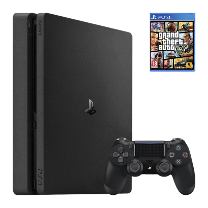 Набір Консоль Sony PlayStation 4 Slim 1TB Black Б/У  + Гра Grand Theft Auto V Російські Субтитри - Retromagaz