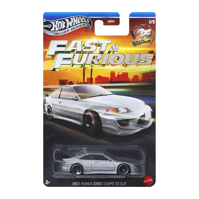Тематична Машинка Hot Wheels 1993 Honda Civic Coupé EX EJ1 Fast & Furious 1:64 JKX20 Silver - Retromagaz