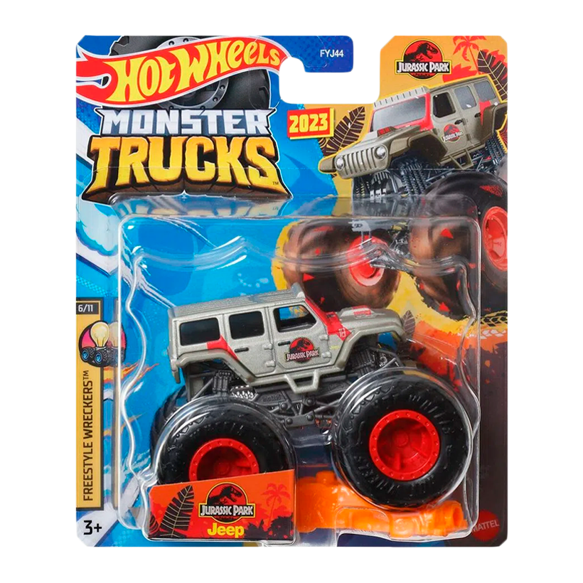 Машинка-Позашляховик Hot Wheels Jurassic Park Jeep Wrangler Monster Truck Freestyle Wreckers 1:64 HLT08 Grey - Retromagaz