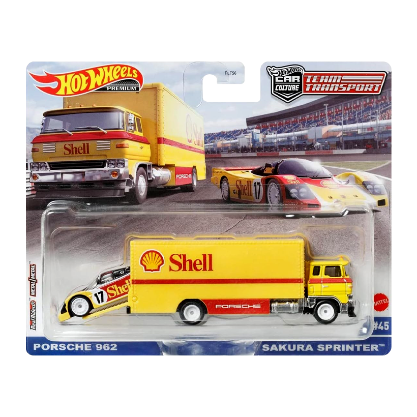 Машинка Premium 2шт Hot Wheels Porsche Porsche 962 та Транспортер Sakura Sprinter Shell Team Transport 1:64 FLF56/HCR34 Yellow - Retromagaz