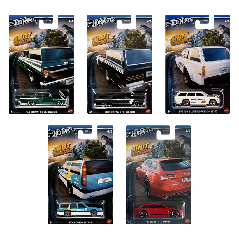 Набор Тематическая Машинка Hot Wheels '64 Chevy Nova Hot Wagons 1:64 HWR56/HRR89 Green  + Custom '66 GTO Black + Datsun Bluebird (510) White + Volvo 850 Estate Blue + '17 Audi RS 6 Avant Red - Retromagaz