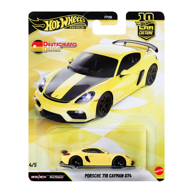 Машинка Premium Hot Wheels Porsche 718 Cayman GT4 Deutschland Design 1:64 JKF42 Yellow - Retromagaz