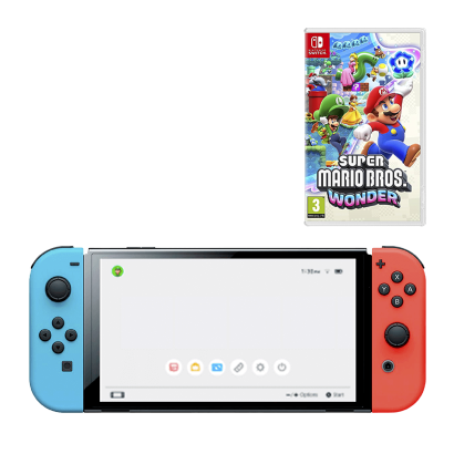 Набор Консоль Nintendo Switch OLED Model HEG-001 64GB Blue Red Новый  + Игра New Super Mario Bros. Wonder Русские Субтитры - Retromagaz