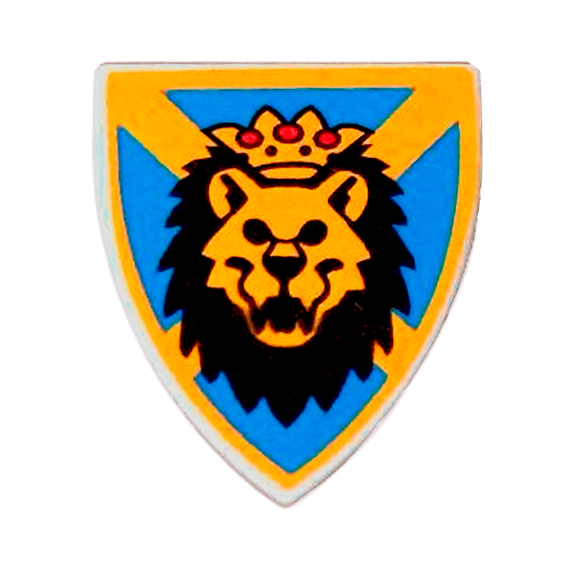 Зброя Lego Щит Triangular with Lion Head Blue and Yellow Pattern 3846px5 Light Bluish Grey Б/У - Retromagaz
