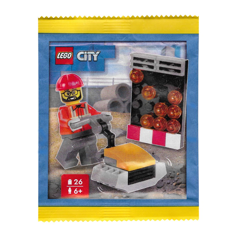Конструктор Lego Фигурка Builder with Plate Compactor and Flashing Arrow Sign Paper Bag City 952510 cty1936 Новый - Retromagaz