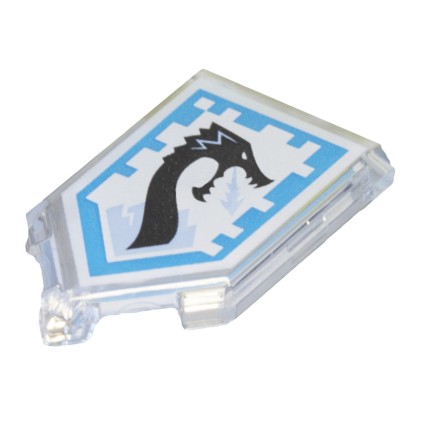 Плитка 4шт Lego Модифікована Декоративна Pentagonal with Nexo Power Shield Pattern Ice Dragon 2 x 3 22385pb006 6138107 Trans-Clear Б/У - Retromagaz