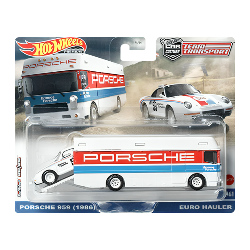 Машинка Premium 2шт Hot Wheels Porsche Porsche 959 (1986) та Транспортер Euro Hauler Team Transport 1:64 FLF56/HKF47 White - Retromagaz
