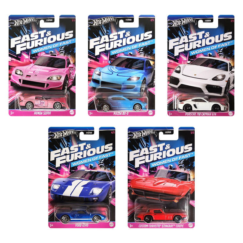 Набор Тематическая Машинка Hot Wheels Honda S2000 Women of Fast & Furious 1:64 HNR88/HRW36 Pink  + Mazda RX-8 Women of Black + Custom Corvette Stingray Coupe Women of Red + Ford GT40 Women of Blue + Porsche 718 Cayman GT4 Women of White - Retromagaz