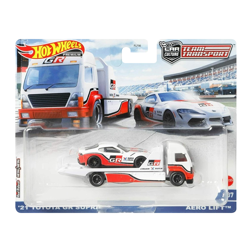 Машинка Premium 2шт Hot Wheels '21 Toyota GR Supra та Транспортер Aero Lift Team Transport 1:64 GRK65 White - Retromagaz