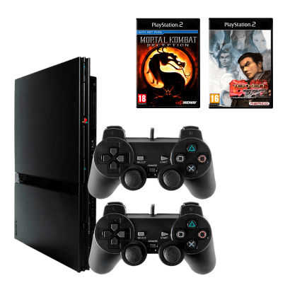 Набір Консоль Sony PlayStation 2 Slim SCPH-7xxx Chip Black Б/У  + Геймпад Дротовий RMC Новий + Гра  Mortal Kombat Deception Російська Озвучка Новий + Гра  Tekken Tag Tournament Англійська Версія Новий - Retromagaz