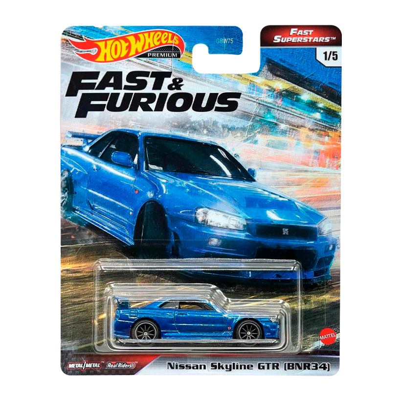 Машинка Premium Hot Wheels Nissan Skyline GTR (BNR34) Fast & Furious 1:64 GRL84 Metallic Blue - Retromagaz