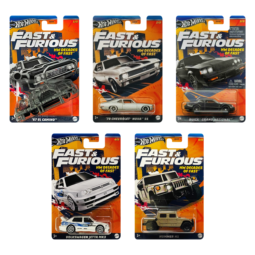 Набор Тематическая Машинка Hot Wheels `67 El Camino Decades of Fast & Furious 1:64 HNR88/HRW41 Black  + Volkswagen Jetta MK3 Decades of White + Buick Grand National Decades of + `70 Chevrolet Nova SS Decades of Grey + Hummer H1 Decades of Brown - Retromagaz