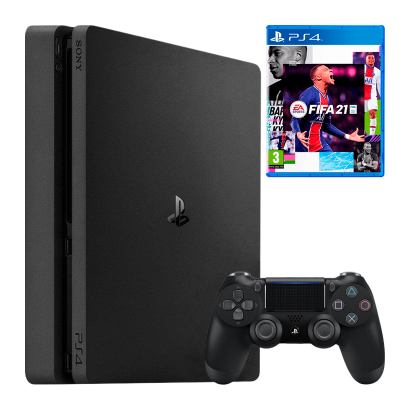 Набір Консоль Sony PlayStation 4 Slim 500GB Black Б/У  + Геймпад Бездротовий DualShock 4 Version 2 + Гра FIFA 21 Російська Озвучка - Retromagaz