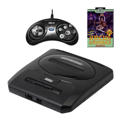 Набір Консоль Sega Mega Drive 2 USA Black Б/У Хороший  + Гра Arcus Odyssey Англійська Версія + Геймпад Дротовий RMC MD2 16 Bit Новий - Retromagaz