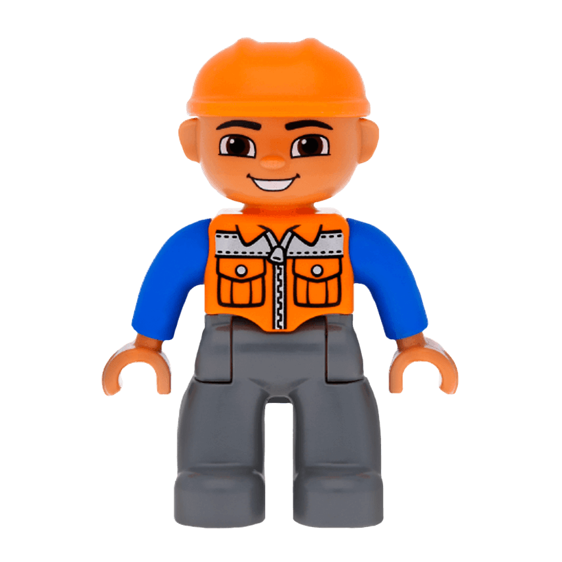 Фигурка Lego Boy Dark Bluish Grey Legs Orange Vest Duplo 47394pb156 Б/У - Retromagaz